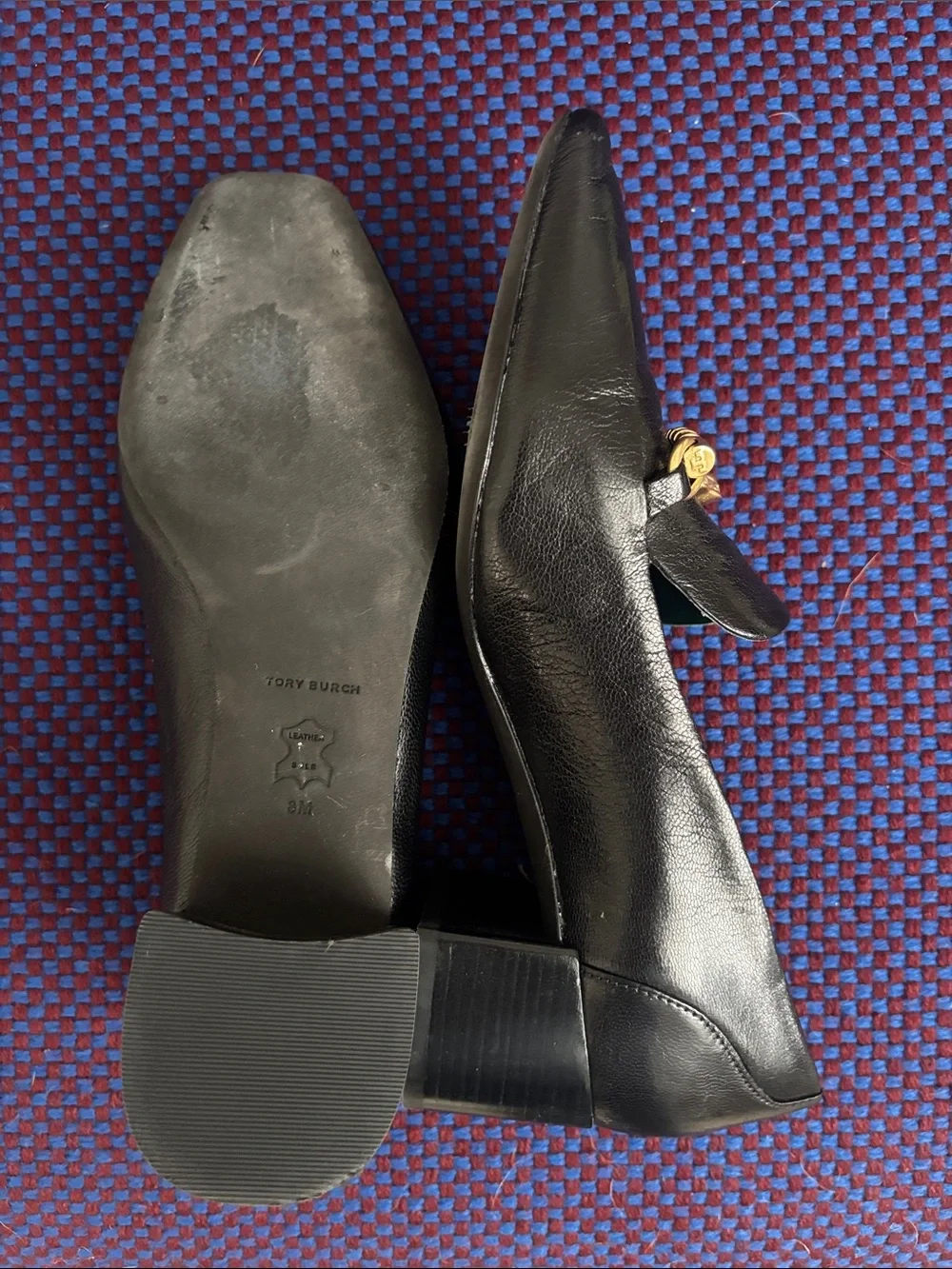 Tory Burch Black Leather Loafers with Gold Chain Detail